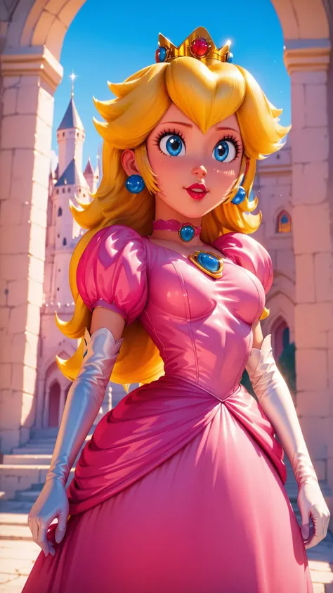 score_9,score_8_up,score_7_up,score_6_up,score_5_up,score_4_up BREAK <lora:Princess_Peach_Shiny_Style-000009:0.9>,skinny,choker,medium breasts,detached sleeves,princess peach,pink dress,castle,outside,
