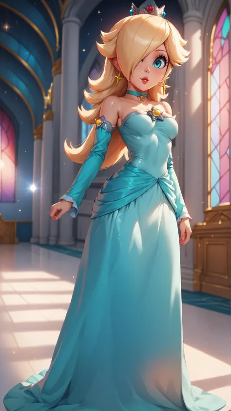 score_9,score_8_up,score_7_up,score_6_up,score_5_up,score_4_up BREAK <lora:Princess_Peach_Shiny_Style_V2:0.9>,skinny,choker,medium breasts,detached sleeves,castle,indoors,shiny skin,bokeh,bloom,indoors,light particles,princess rosalina,castle,space,