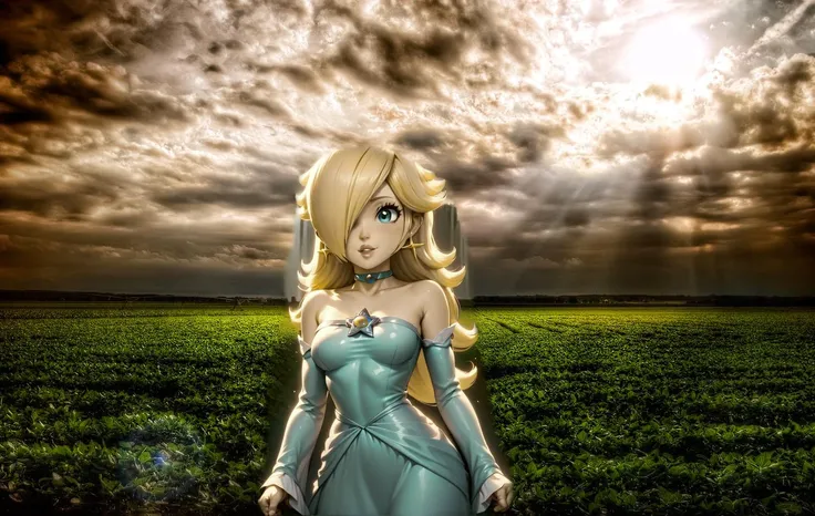 score_9,score_8_up,score_7_up,score_6_up,score_5_up,score_4_up BREAK <lora:Princess_Peach_Shiny_Style-000009:0.9>,skinny,choker,medium breasts,detached sleeves,princess rosalina,dress,