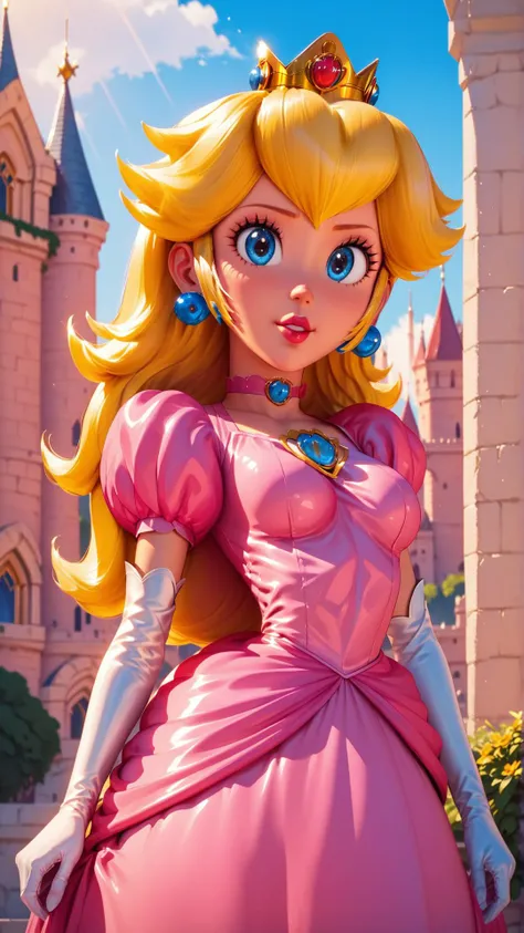 score_9,score_8_up,score_7_up,score_6_up,score_5_up,score_4_up BREAK <lora:Princess_Peach_Shiny_Style-000009:0.9>,skinny,choker,medium breasts,detached sleeves,princess peach,pink dress,castle,outside,