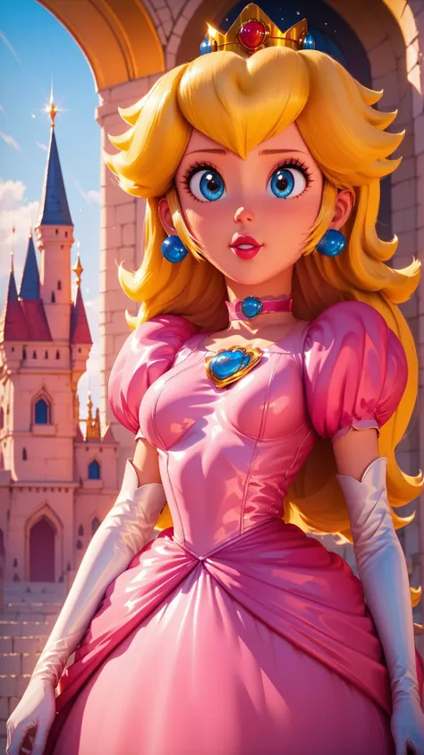 score_9,score_8_up,score_7_up,score_6_up,score_5_up,score_4_up BREAK <lora:Princess_Peach_Shiny_Style-000009:0.9>,skinny,choker,medium breasts,detached sleeves,princess peach,pink dress,castle,outside,