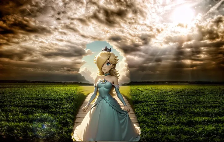 score_9,score_8_up,score_7_up,score_6_up,score_5_up,score_4_up BREAK <lora:Princess_Peach_Shiny_Style-000009:0.9>,skinny,choker,medium breasts,detached sleeves,princess rosalina,dress,clouds,field,