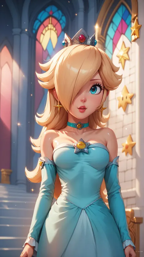 score_9,score_8_up,score_7_up,score_6_up,score_5_up,score_4_up BREAK <lora:Princess_Peach_Shiny_Style_V2:0.9>,skinny,choker,medium breasts,detached sleeves,castle,indoors,shiny skin,bokeh,bloom,indoors,light particles,princess rosalina,castle,space,