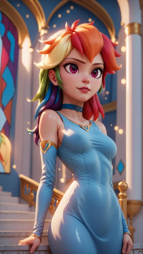 score_9,score_8_up,score_7_up,score_6_up,score_5_up,score_4_up BREAK <lora:Princess_Peach_Shiny_Style_V2:0.9>,skinny,choker,medium breasts,detached sleeves,castle,indoors,shiny skin,bokeh,bloom,indoors,castle,light particles,rainbow dash,