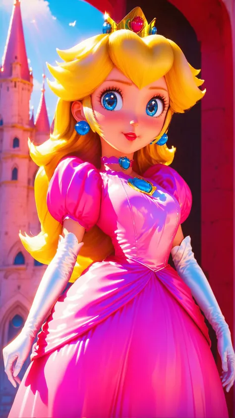 score_9,score_8_up,score_7_up,score_6_up,score_5_up,score_4_up BREAK source_anime,<lora:Princess_Peach_Shiny_Style-000009:1>,1girl,standing,blush,princess peach,shiny skin,blonde hair,skinny,blue eyes,crown,gloves,choker,outdoors,castle,bloom,pink dress,pose,