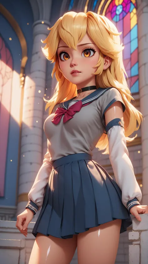 score_9,score_8_up,score_7_up,score_6_up,score_5_up,score_4_up BREAK <lora:Princess_Peach_Shiny_Style_V2:0.9>,skinny,choker,medium breasts,detached sleeves,castle,indoors,shiny skin,bokeh,bloom,indoors,castle,light particles,blonde hair, pleaded skirt, grey shirt, school uniform,