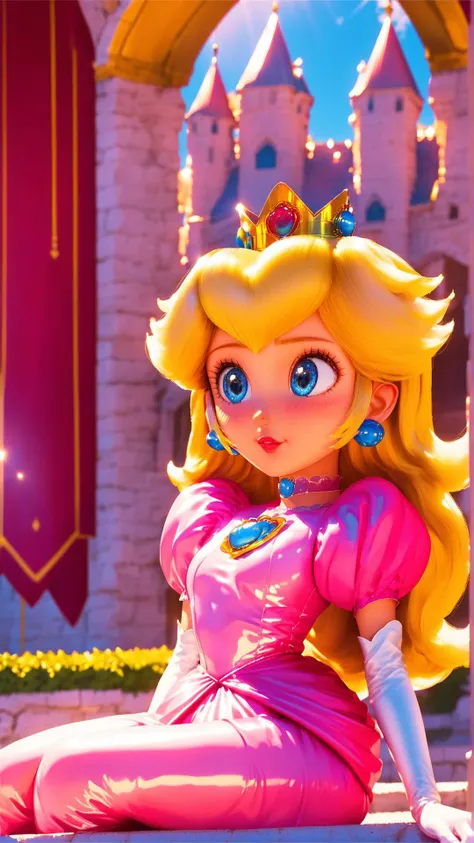 score_9,score_8_up,score_7_up,score_6_up,score_5_up,score_4_up BREAK source_anime,<lora:Princess_Peach_Shiny_Style-000009:1>,1girl,blush,princess peach,shiny skin,blonde hair,skinny,blue eyes,crown,gloves,choker,outdoors,castle,bloom,pink dress,pose,sitting,bench,