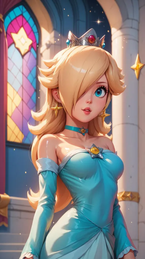 score_9,score_8_up,score_7_up,score_6_up,score_5_up,score_4_up BREAK <lora:Princess_Peach_Shiny_Style_V2:0.9>,skinny,choker,medium breasts,detached sleeves,castle,indoors,shiny skin,bokeh,bloom,indoors,light particles,princess rosalina,castle,space,