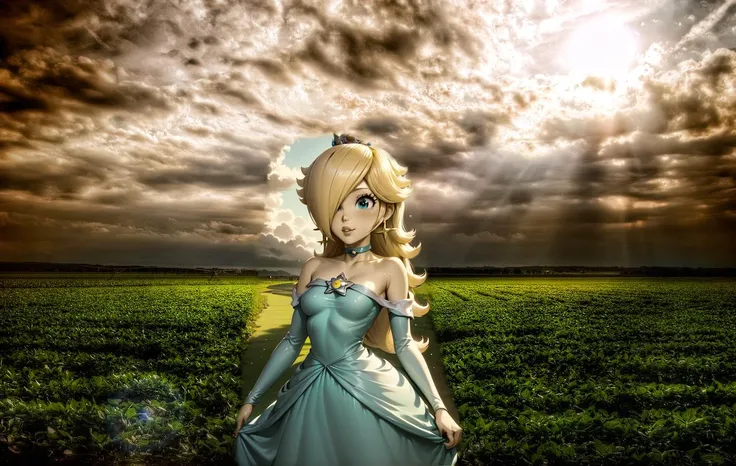 score_9,score_8_up,score_7_up,score_6_up,score_5_up,score_4_up BREAK <lora:Princess_Peach_Shiny_Style-000009:0.9>,skinny,choker,medium breasts,detached sleeves,princess rosalina,dress,clouds,field,