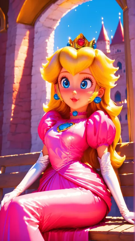 score_9,score_8_up,score_7_up,score_6_up,score_5_up,score_4_up BREAK source_anime,<lora:Princess_Peach_Shiny_Style-000009:1>,1girl,blush,princess peach,shiny skin,blonde hair,skinny,blue eyes,crown,gloves,choker,outdoors,castle,bloom,pink dress,pose,sitting,bench,