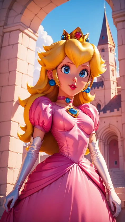 score_9,score_8_up,score_7_up,score_6_up,score_5_up,score_4_up BREAK <lora:Princess_Peach_Shiny_Style-000009:0.9>,skinny,choker,medium breasts,detached sleeves,princess peach,pink dress,castle,outside,