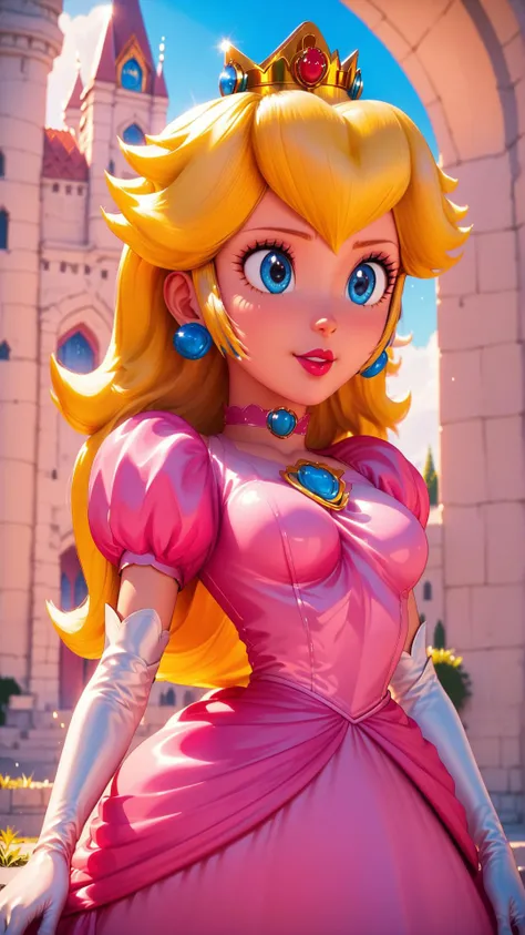 score_9,score_8_up,score_7_up,score_6_up,score_5_up,score_4_up BREAK <lora:Princess_Peach_Shiny_Style-000009:0.9>,skinny,choker,medium breasts,detached sleeves,princess peach,pink dress,castle,outside,