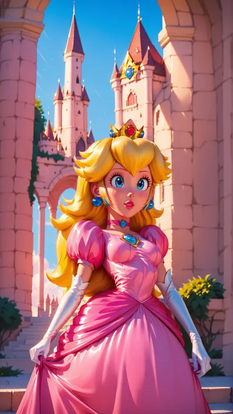 score_9,score_8_up,score_7_up,score_6_up,score_5_up,score_4_up BREAK <lora:Princess_Peach_Shiny_Style-000009:0.9>,skinny,choker,medium breasts,detached sleeves,princess peach,pink dress,castle,outside,