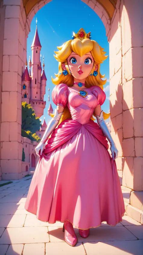 score_9,score_8_up,score_7_up,score_6_up,score_5_up,score_4_up BREAK <lora:Princess_Peach_Shiny_Style-000009:0.9>,skinny,choker,medium breasts,detached sleeves,princess peach,pink dress,castle,outside,