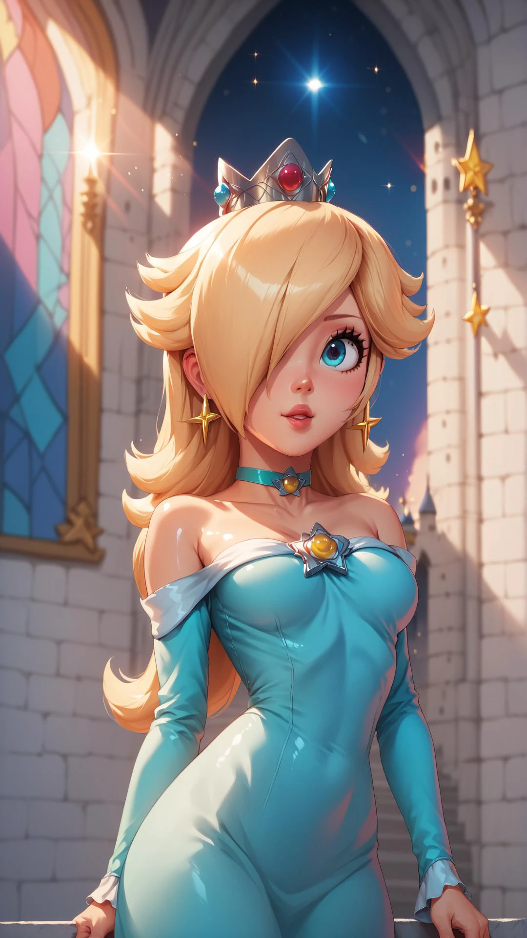 score_9,score_8_up,score_7_up,score_6_up,score_5_up,score_4_up BREAK <lora:Princess_Peach_Shiny_Style_V2:0.9>,skinny,choker,medium breasts,detached sleeves,castle,indoors,shiny skin,bokeh,bloom,indoors,light particles,princess rosalina,castle,space,