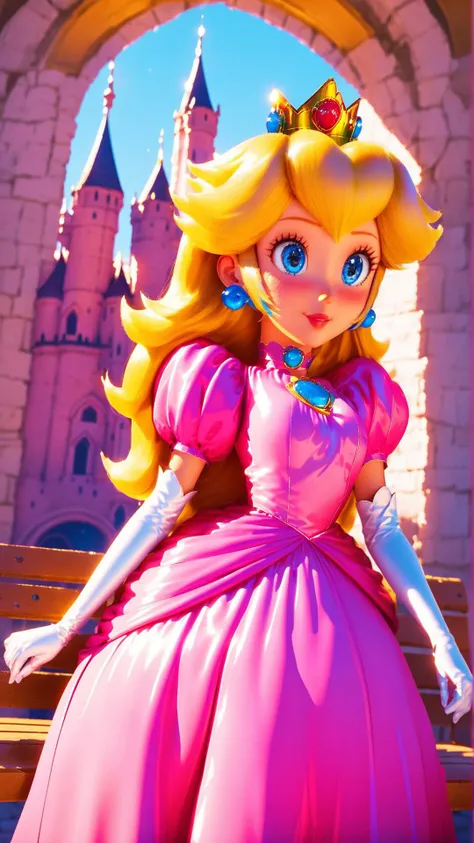 score_9,score_8_up,score_7_up,score_6_up,score_5_up,score_4_up BREAK source_anime,<lora:Princess_Peach_Shiny_Style-000009:1>,1girl,blush,princess peach,shiny skin,blonde hair,skinny,blue eyes,crown,gloves,choker,outdoors,castle,bloom,pink dress,pose,sitting,bench,