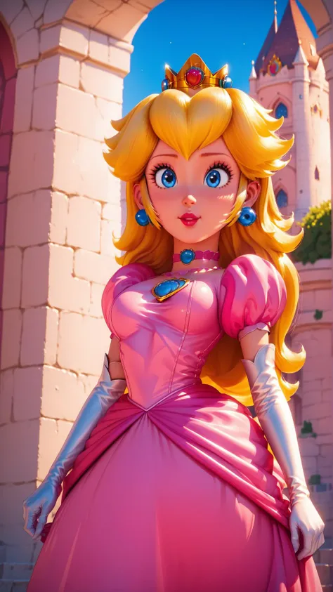 score_9,score_8_up,score_7_up,score_6_up,score_5_up,score_4_up BREAK <lora:Princess_Peach_Shiny_Style-000009:0.9>,skinny,choker,medium breasts,detached sleeves,princess peach,pink dress,castle,outside,