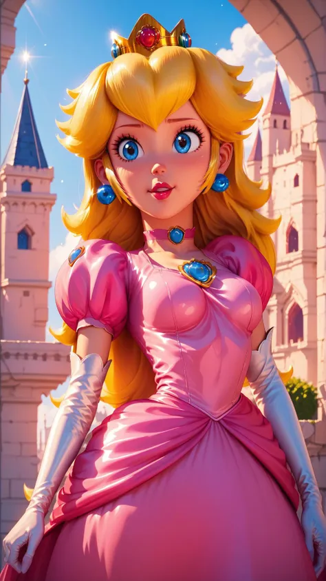 score_9,score_8_up,score_7_up,score_6_up,score_5_up,score_4_up BREAK <lora:Princess_Peach_Shiny_Style-000009:0.9>,skinny,choker,medium breasts,detached sleeves,princess peach,pink dress,castle,outside,