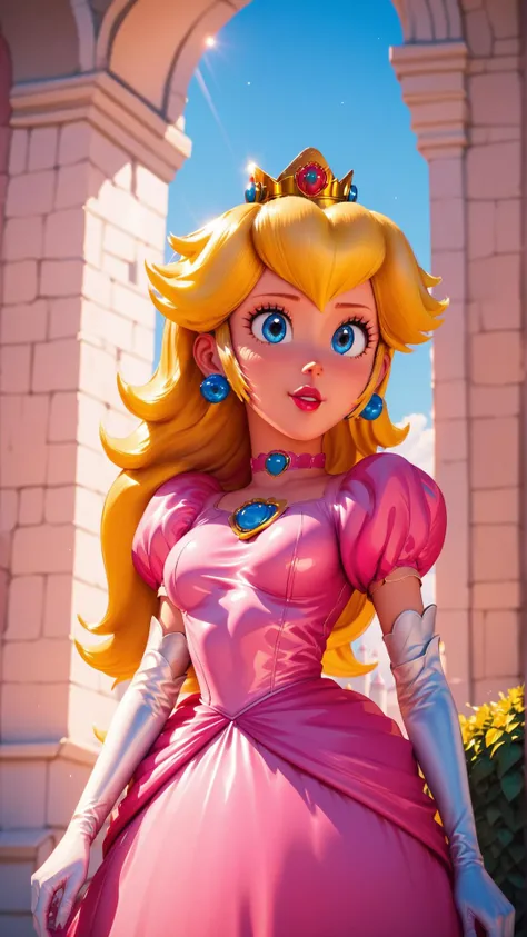 score_9,score_8_up,score_7_up,score_6_up,score_5_up,score_4_up BREAK <lora:Princess_Peach_Shiny_Style-000009:0.9>,skinny,choker,medium breasts,detached sleeves,princess peach,pink dress,castle,outside,