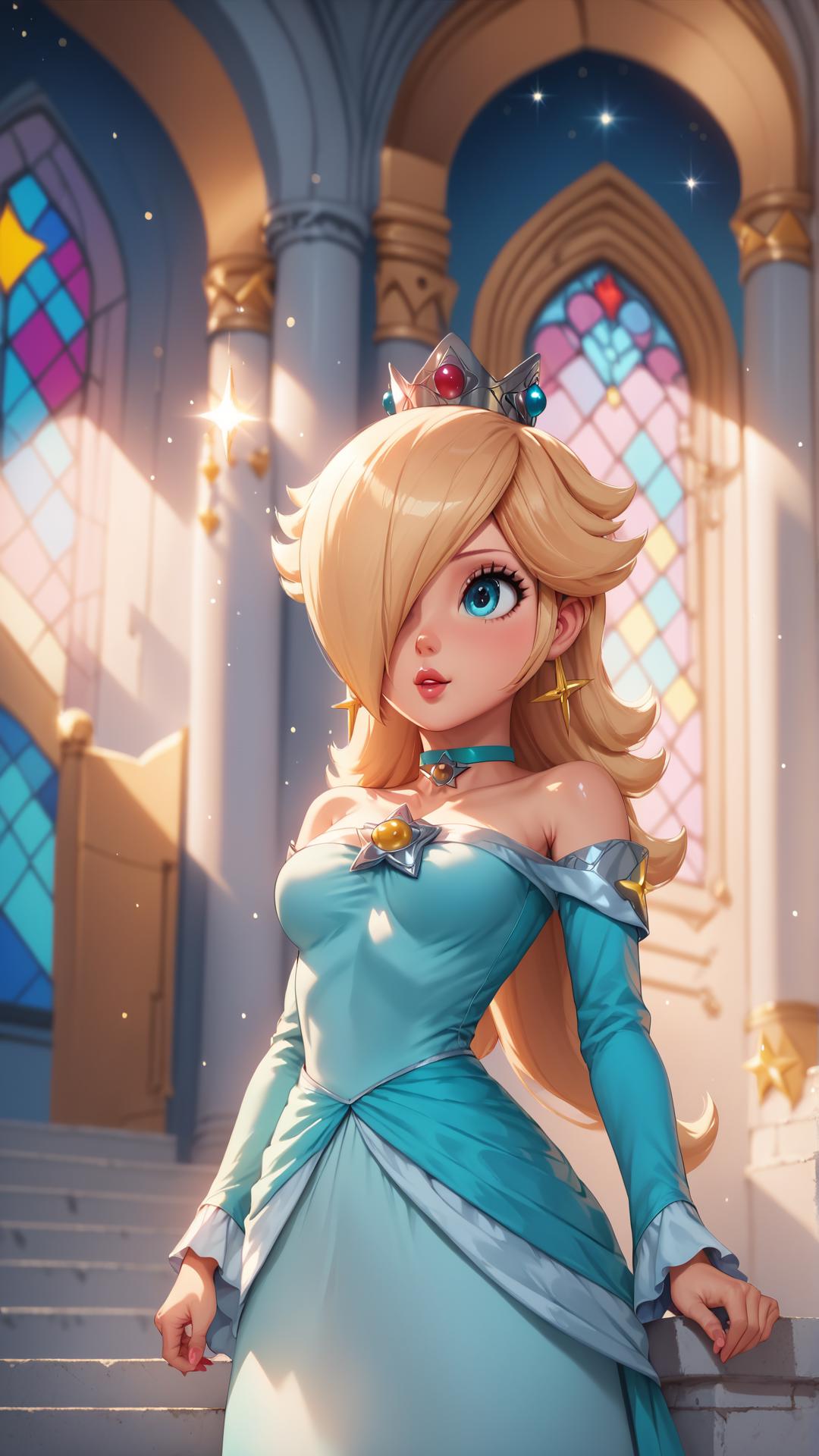 A woman in a blue dress standing in front of a castle - SeaArt AI