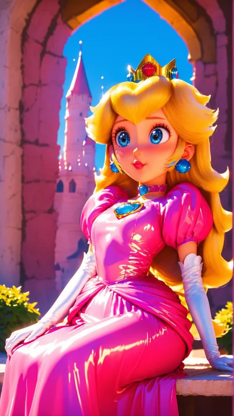 score_9,score_8_up,score_7_up,score_6_up,score_5_up,score_4_up BREAK source_anime,<lora:Princess_Peach_Shiny_Style-000009:1>,1girl,blush,princess peach,shiny skin,blonde hair,skinny,blue eyes,crown,gloves,choker,outdoors,castle,bloom,pink dress,pose,sitting,bench,