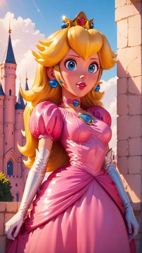 score_9,score_8_up,score_7_up,score_6_up,score_5_up,score_4_up BREAK <lora:Princess_Peach_Shiny_Style-000009:0.9>,skinny,choker,medium breasts,detached sleeves,princess peach,pink dress,castle,outside,