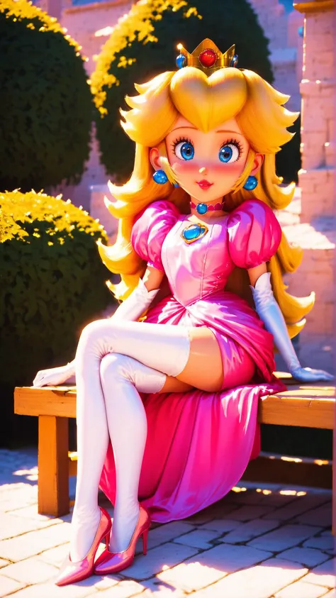 score_9,score_8_up,score_7_up,score_6_up,score_5_up,score_4_up BREAK source_anime,<lora:Princess_Peach_Shiny_Style-000009:1>,1girl,blush,princess peach,shiny skin,blonde hair,skinny,blue eyes,crown,gloves,choker,outdoors,castle,bloom,pink dress,pose,sitting,bench,