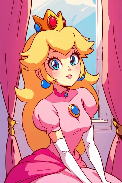 score_9, score_8_up, score_8, medium breasts, (curvy), cute, eyelashes,   upper body,  princess peach, 1girl, solo, long hair, breasts, looking at viewer, smile, bangs, blue eyes, blonde hair, gloves, dress, jewelry, medium breasts, sitting, closed mouth, collarbone, short sleeves, earrings, elbow gloves, puffy sleeves, white gloves, puffy short sleeves, crown, curtains, brooch, pink dress,  <lora:Princess_Peach_Shiny_Style_V2:0.6>,   <lora:Diives_P1:1.2>,