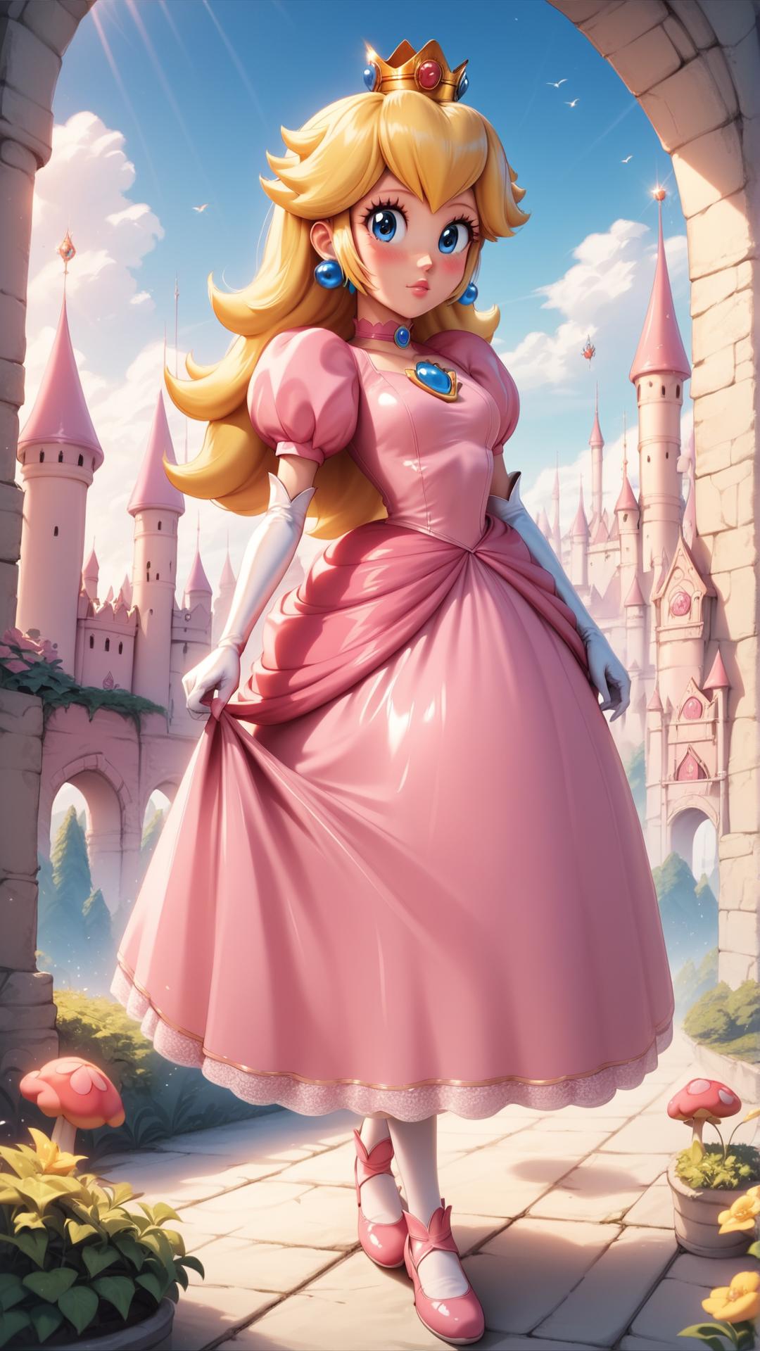 A cartoon princess in a pink dress standing in front of a castle ...