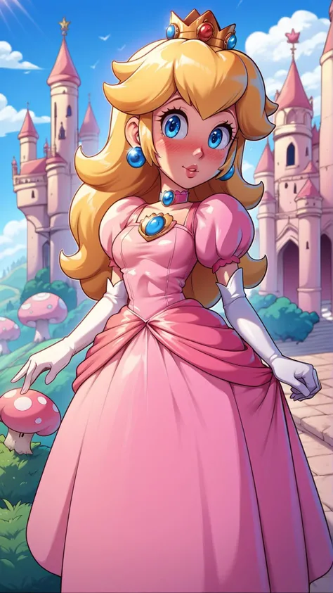 score_9,score_8_up,score_7_up,score_6_up,score_5_up,score_4_up BREAK source_anime,<lora:Princess_Peach_Shiny_Style-000009:0.6>,1girl,standing,blush,princess peach,shiny skin,blonde hair,skinny,blue eyes,crown,gloves,choker,outdoors,castle,bloom,pink dress,pose,<lora:DonM1nn3rB34utyXL-pony-000005:0.8>,DonM1nn3rB34utyXL,magical,whimsical,fairytale,fantasy,