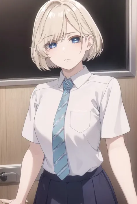 niinasugawara, <lora:niina sugawara s1-lora-nochekaiser:1>,
niina sugawara, short hair, blue eyes, blonde hair,
BREAK skirt, shirt, school uniform, white shirt, short sleeves, necktie, striped, collared shirt, shirt tucked in, striped necktie,
BREAK indoors, classroom,
BREAK looking at viewer, (cowboy shot:1.5),
BREAK <lyco:GoodHands-beta2:1>, (masterpiece:1.2), best quality, high resolution, unity 8k wallpaper, (illustration:0.8), (beautiful detailed eyes:1.6), extremely detailed face, perfect lighting, extremely detailed CG, (perfect hands, perfect anatomy),