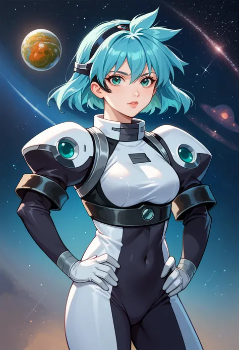 score_9, score_7_up,  BREAK   <lora:MeiaGisbornPDXL_V1-Manityro-CAME:1> mgisb, aqua eyes, aqua hair, short hair, medium breasts, Black headband,  eyepiece, two-tone bodysuit, shoulder armor, hands on own hips, space, score_8_up, score_7_up,realism,