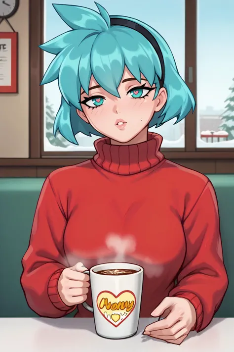 score_9, score_8_up, score_7_up, BREAK, 1girl, solo,  <lora:MeiaGisbornPDXL_V1-Manityro-CAME:1> mgisb, aqua eyes, aqua hair, heart-shaped pupils, short hair, Black headband, red sweater, indoors, diner, giant window, winter, steaming cup, parted lips, looking at the viewer