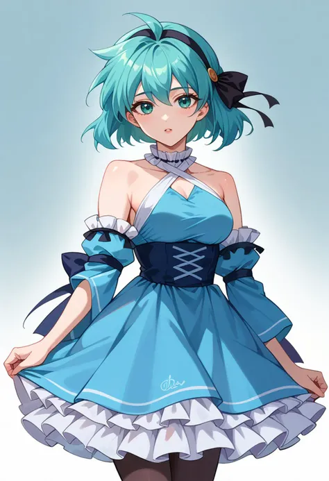 score_9, score_8_up, score_7_up,realism,  BREAK   <lora:MeiaGisbornPDXL_V1-Manityro-CAME:1> mgisb, aqua eyes, aqua hair, short hair, medium breasts, Black headband,, hair ribbon, frilled choker, criss-cross halter, sleeveless dress, high-waist skirt, backless dress, blue dress, waist blue bow, detached sleeves, frilled sleeves, wide sleeves, blue sleeves, black pantyhose, patterned legwear, pinstripe pantyhose, mary janes, layered dress,