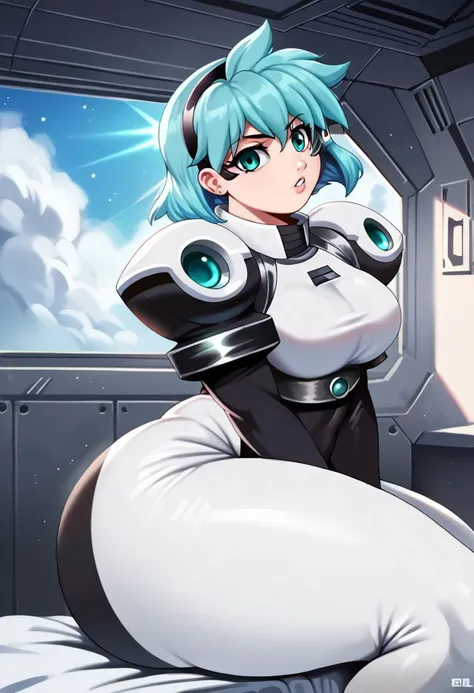 score_9,score_8_up,score_7_up,score_6_up, <lora:Lunas-JLullaby-SDXL-A3:1>, jlullaby, shiny skin, 1 girl, solo, detailed eyes, detailed face, indoors, spaceship, outer space stars,
mgisb, aqua eyes, aqua hair, short hair, Black headband, eyepiece, black headband, two-tone bodysuit, shoulder armor, sharp eyes, hyper ass, bubble butt, big ass, hyper thighs, thick thighs, huge thighs, large breasts, looking at viewer,