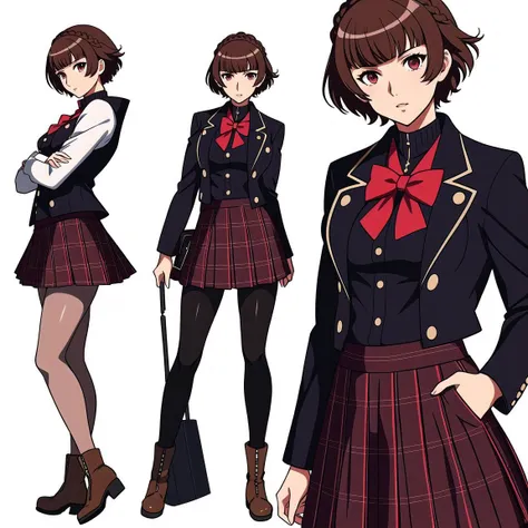 Niijima Makoto \(Persona 5\), 1girl, niijima makoto, solo, pantyhose, skirt, brown hair, short hair, full body, school uniform, red eyes, looking at viewer, simple background, white background, plaid skirt, black pantyhose, boots, shuujin academy school uniform, plaid, braid, standing, long sleeves, brown footwear, contrapposto, vest, miniskirt, pleated skirt, crown braid, turtleneck, bangs, parted lips