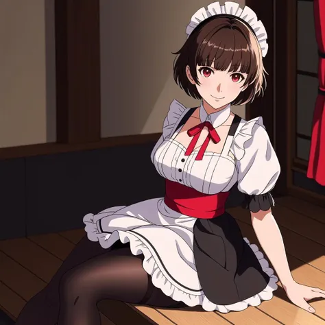 Niijima Makoto \(Persona 5\), 1girl, niijima makoto, solo, maid, pantyhose, maid headdress, short hair, apron, brown hair, smile, black pantyhose, short sleeves, frills, red eyes, breasts, alternate costume, wrist cuffs, looking at viewer, waist apron, shirt, enmaided, white shirt, dress, sitting, ribbon, white apron, skirt, neck ribbon, closed mouth, red ribbon, maid apron, puffy short sleeves, black dress, large breasts, underbust, puffy sleeves, bangs, medium breasts