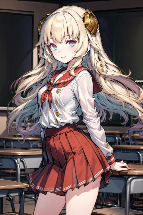 1girl, masterpiece, best quality, highly detailed, illustration, warg \(rance\), classroom, standing, school uniform, serafuku, skirt, red eyes, blue eyes, smile, <lora:Warg:0.7>