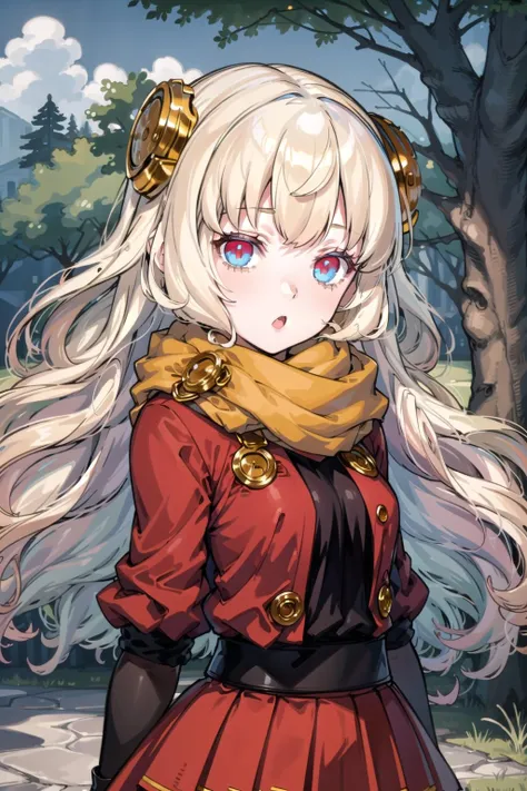 1girl, masterpiece, best quality, highly detailed, illustration, warg \(rance\), outdoors, forest, upper body, red dress, red eyes, blue eyes, orange scarf, :o, <lora:Warg:0.7>