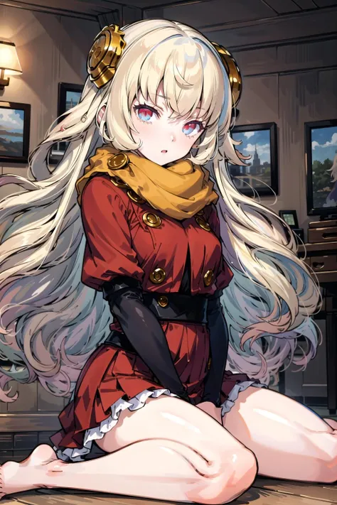 1girl, masterpiece, best quality, highly detailed, illustration, warg \(rance\), indoors, sitting, dress, red eyes, orange scarf, <lora:Warg:0.7>