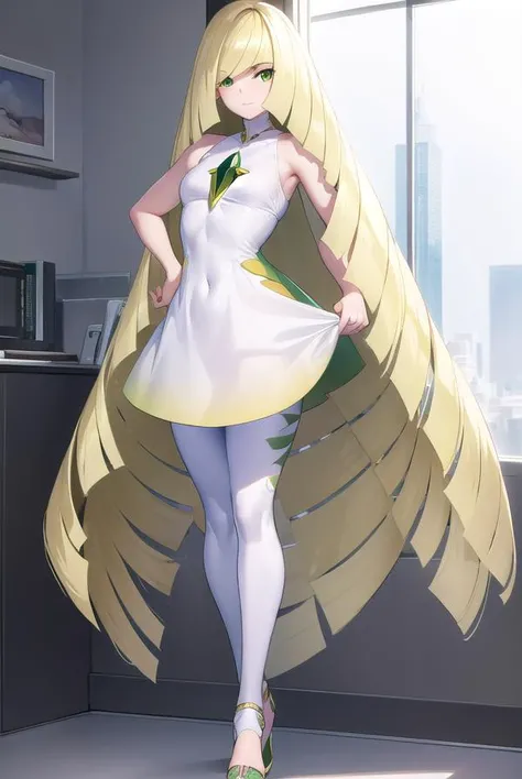 pokemonlusamine, <lyco:pokemonlusamine-lyco-nochekaiser:1>,
pokemonlusamine, blonde hair, (green eyes:1.5), hair over one eye, long hair, multicolored hair, streaked hair, very long hair,
BREAK bare arms, diamond (shape), dress, gem, green gemstone, leggings, short dress, sleeveless, sleeveless dress, white dress, white leggings,
BREAK looking at viewer, upper body, full body,
BREAK indoors,
BREAK <lyco:GoodHands-beta2:1>, (masterpiece:1.2), best quality, high resolution, unity 8k wallpaper, (illustration:0.8), (beautiful detailed eyes:1.6), extremely detailed face, perfect lighting, extremely detailed CG, (perfect hands, perfect anatomy),