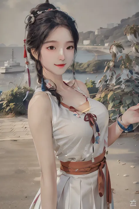 <lora:paidaxuan:0.7>, 1girl, Chinese, photorealistic, beautiful and detailed face, looking at viewer, simple background, solo, (outdoors), ocean, sunny, summer vacation, beach, smile, cinematic lighting, long shan, short shan, pleated skirt, songmo, <lora:songStyle9:0.65>