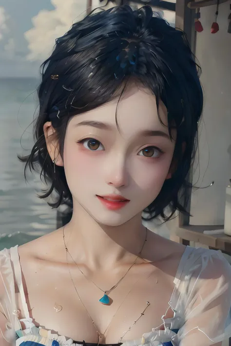 <lora:paidaxuan:0.85>,1girl, japanese, photorealistic, beautiful and detailed face, looking at viewer, simple background, solo, ocean, small breasts, sunny, summer vacation, beach, (short hair, wet), smile, cinematic lighting, movie, japanese drama, (necklace), earrings
