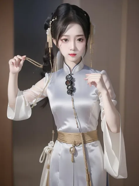 best quality, masterpiece, realistic, solo, 22yo Chinese girl, <lora:paidaxuan:0.85> , perfect and detailed face, <lora: body:0.7>, waist, hip, hanfu, smooth skin, (cinematic lighting, highly detailed, hdr, sharp focus:1.3), (bondage rope)