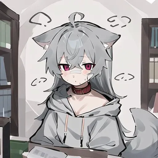 1girl, animal_ear_fluff, animal_ears, black_hoodie, book, collar, drawstring, facial, flying_sweatdrops, grey_hair, hood, hood_down, hoodie, long_hair, solo, tail, virtual_youtuber, wolf_ears, wolf_tail