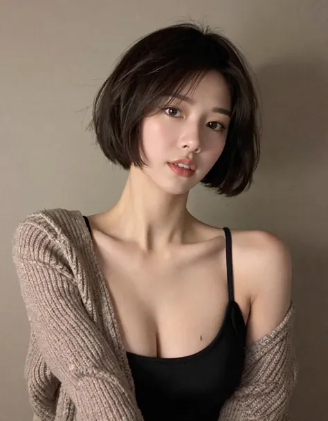 one pretty korean girl, solo, supermodel, short hair, makeup, parted lips, big tits, cleavage, tank top, further jacket, open clothes, (looking at viewer), standing against wall, indoor, soft lighting, film grain, upper body,, ,masterpiece, best quality, intricate detail,, ,score_9, score_8_up, score_7_up, score_6_up,