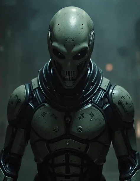 A movie screenshot featuring a high-tech futuristic Martian invader wearing a skull mask and heavy armor suit. Set the scene in a dark and foggy environment to enhance the sci-fi atmosphere. Ensure the image is ultra-detailed and available in high definition, preferably 8k resolution, to capture the intricate design of the skull mask and armor suit. Emphasize the futuristic elements of the character's attire, with sleek lines and advanced technology incorporated into the design. The screenshot should evoke a sense of mystery and anticipation, hinting at the impending conflict between the Martian invader and the human protagonists.