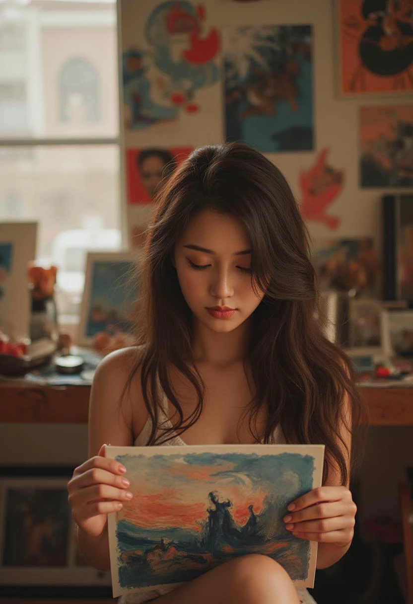 Imagine a photorealistic portrait of a young, enigmatic female artist with long, wavy hair and deep, contemplative eyes. She sits in her sunlit studio surrounded by vibrant, impressionist paintings that blend seamlessly into the warm hues of the room. The light from an adjacent window casts a gentle glow across her face as she studies one of her own piecesâa captivating landscape filled with swirling colors and abstract forms. Through her focused expression and serene demeanor, we sense her profound connection to art, nature, and the mysterious dance between them, inviting us into her world of boundless creativity and introspection.