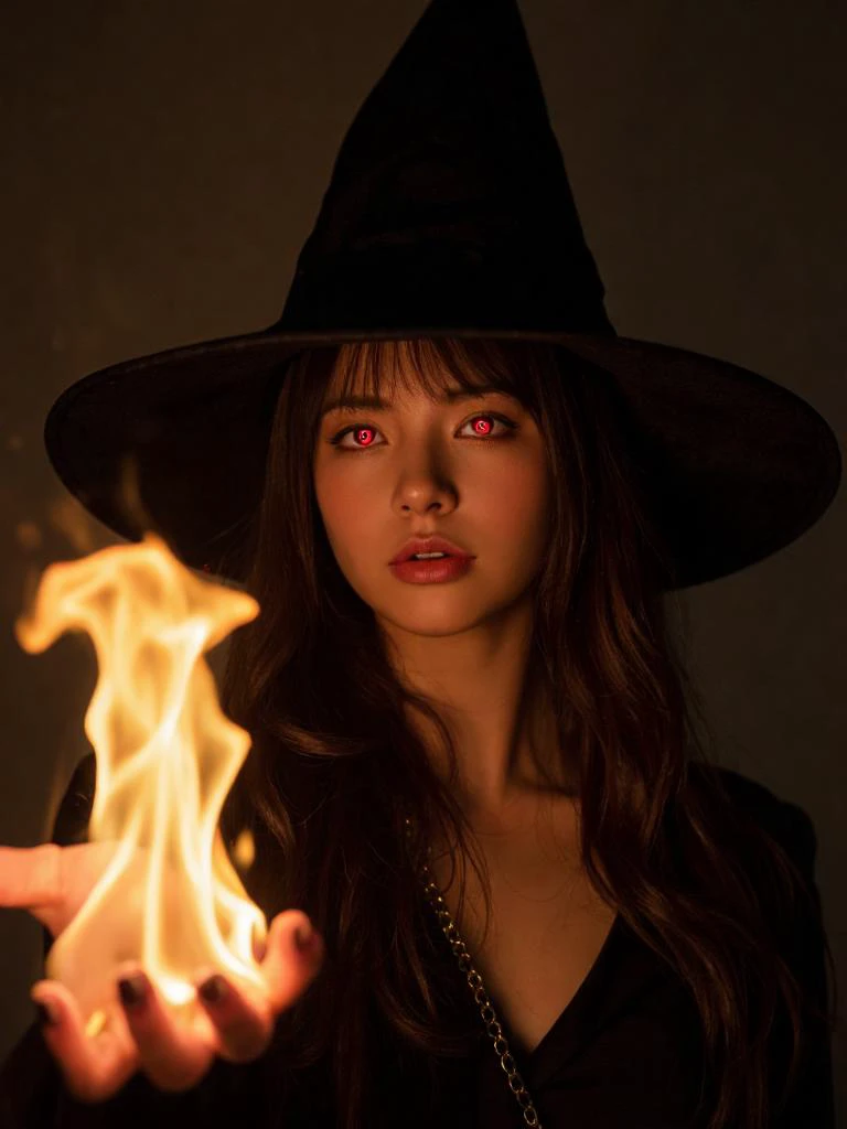 very beautiful girl as a witch her eyes glowing red as she casting fire magic, performing at dark stage, magic particles, full body photography, dynamic pose, blazing flame,, ,score_9, score_8_up, score_7_up, score_6_up,, ,masterpiece, best quality, intricate detail,