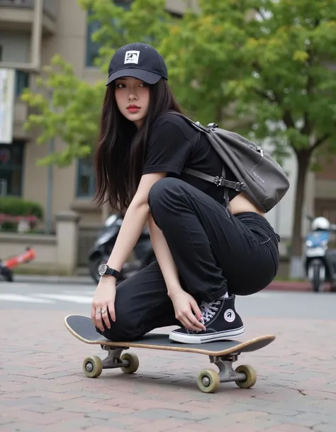 professional outdoor photography of very beautiful asian girl as skateboarder girl wearing street punk clothes and accessories, skateboarding,, ,score_9, score_8_up, score_7_up, score_6_up,, ,masterpiece, best quality, intricate detail,